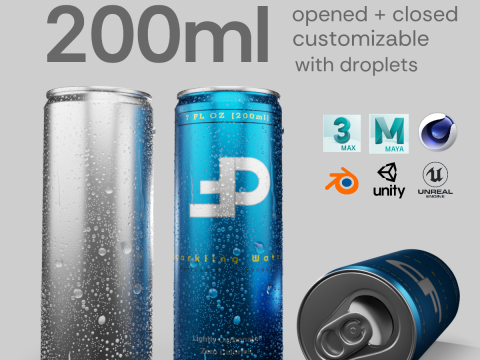Slim 200ml Beverage Can Open and Closed Tabs with Droplets 3D Модель
