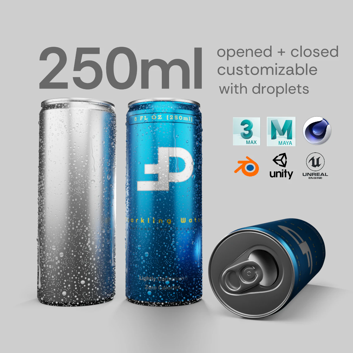 Slim 250ml Beverage Can Open and Closed Tabs with Droplets 3D Model .c4d .max .obj .3ds .fbx .stl .blend