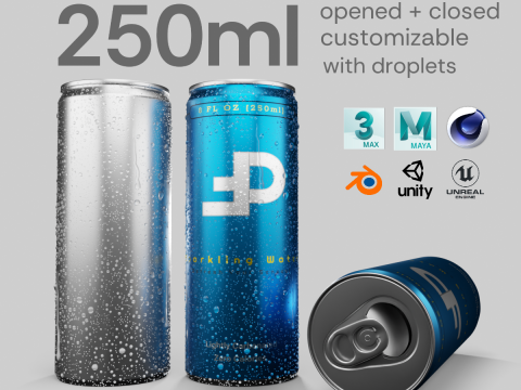 Slim 250ml Beverage Can Open and Closed Tabs with Droplets 3D Модель