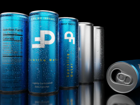 Slim 250ml Beverage Can Open and Closed Tabs with Droplets 3D Model