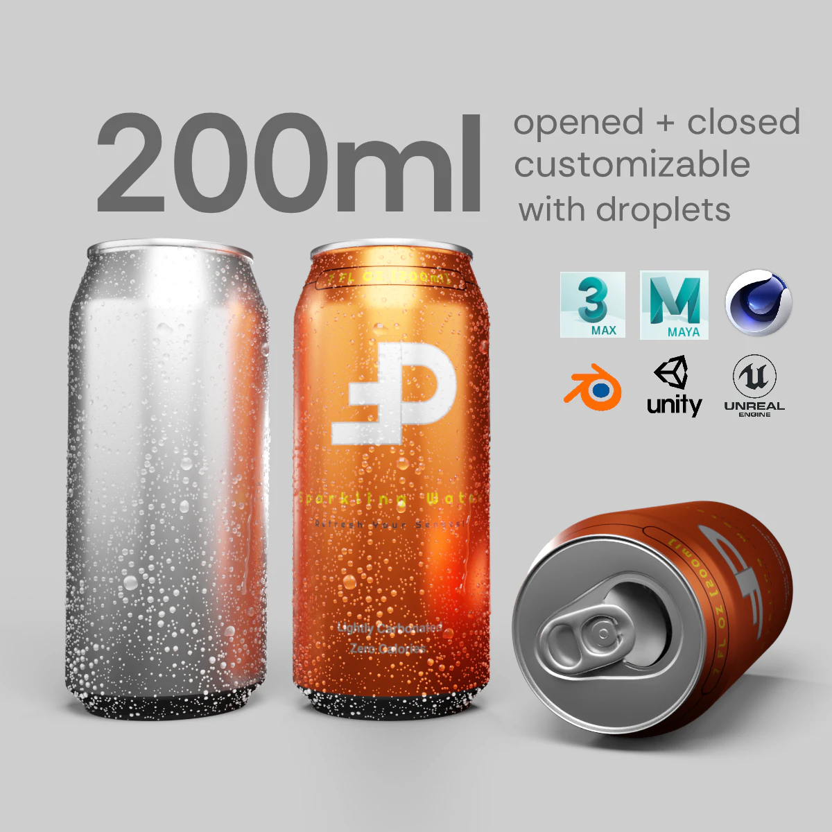 Sleek 200ml Beverage Can Open and Closed Tabs with Droplets 3D Model .c4d .max .obj .3ds .fbx .stl .blend 
