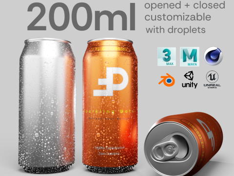 Sleek 200ml Beverage Can Open and Closed Tabs with Droplets 3D Модель