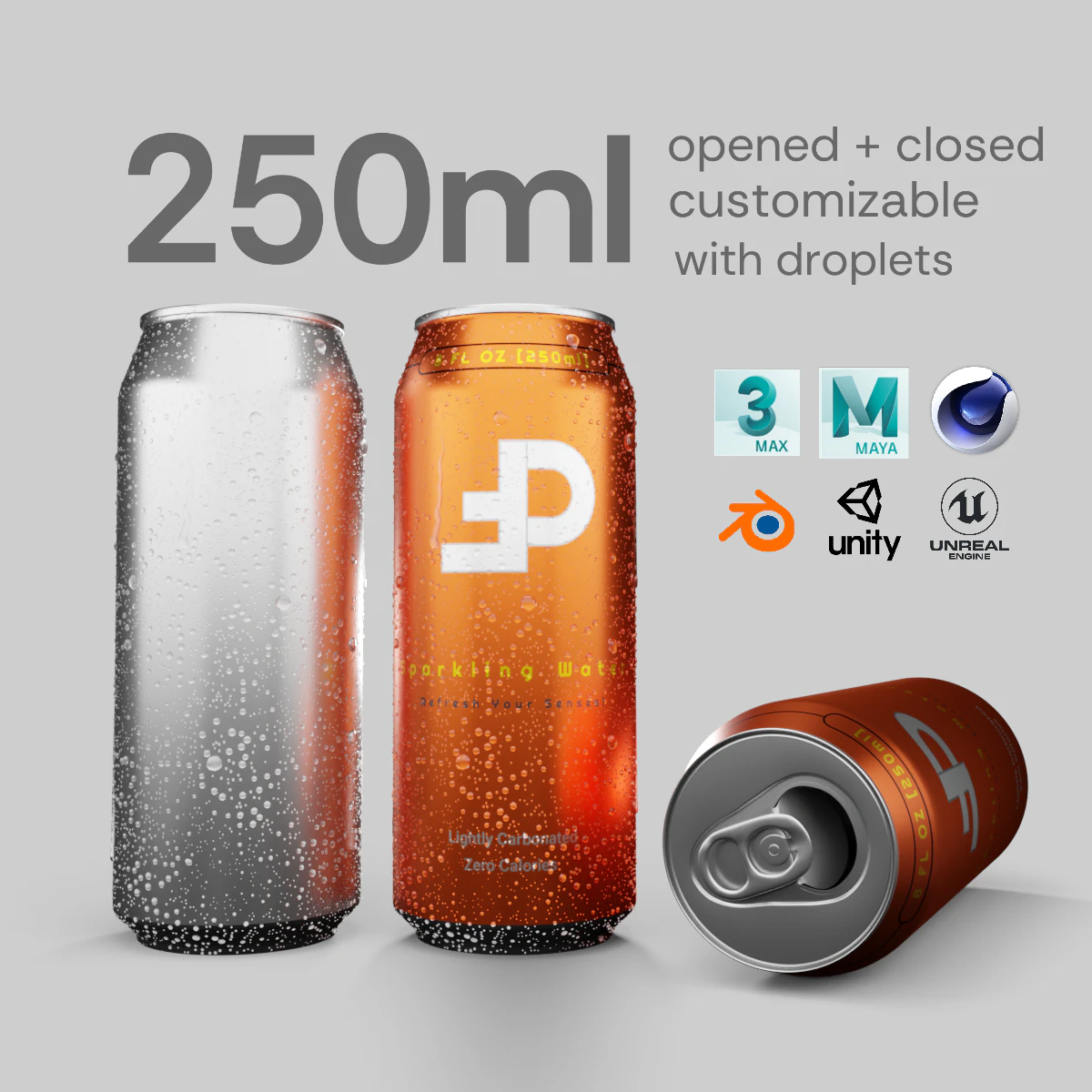 Sleek 250ml Beverage Can Open and Closed Tabs with Droplets 3D Model .c4d .max .obj .3ds .fbx .stl .blend 