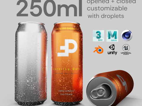 Sleek 250ml Beverage Can Open and Closed Tabs with Droplets 3D Модель