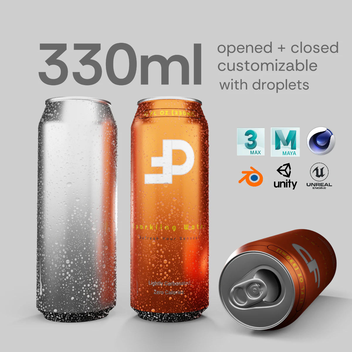 Sleek 330ml Beverage Can Open and Closed Tabs with Droplets 3D Model .c4d .max .obj .3ds .fbx .stl .blend 