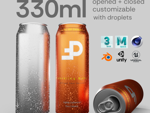 Sleek 330ml Beverage Can Open and Closed Tabs with Droplets 3D Модель