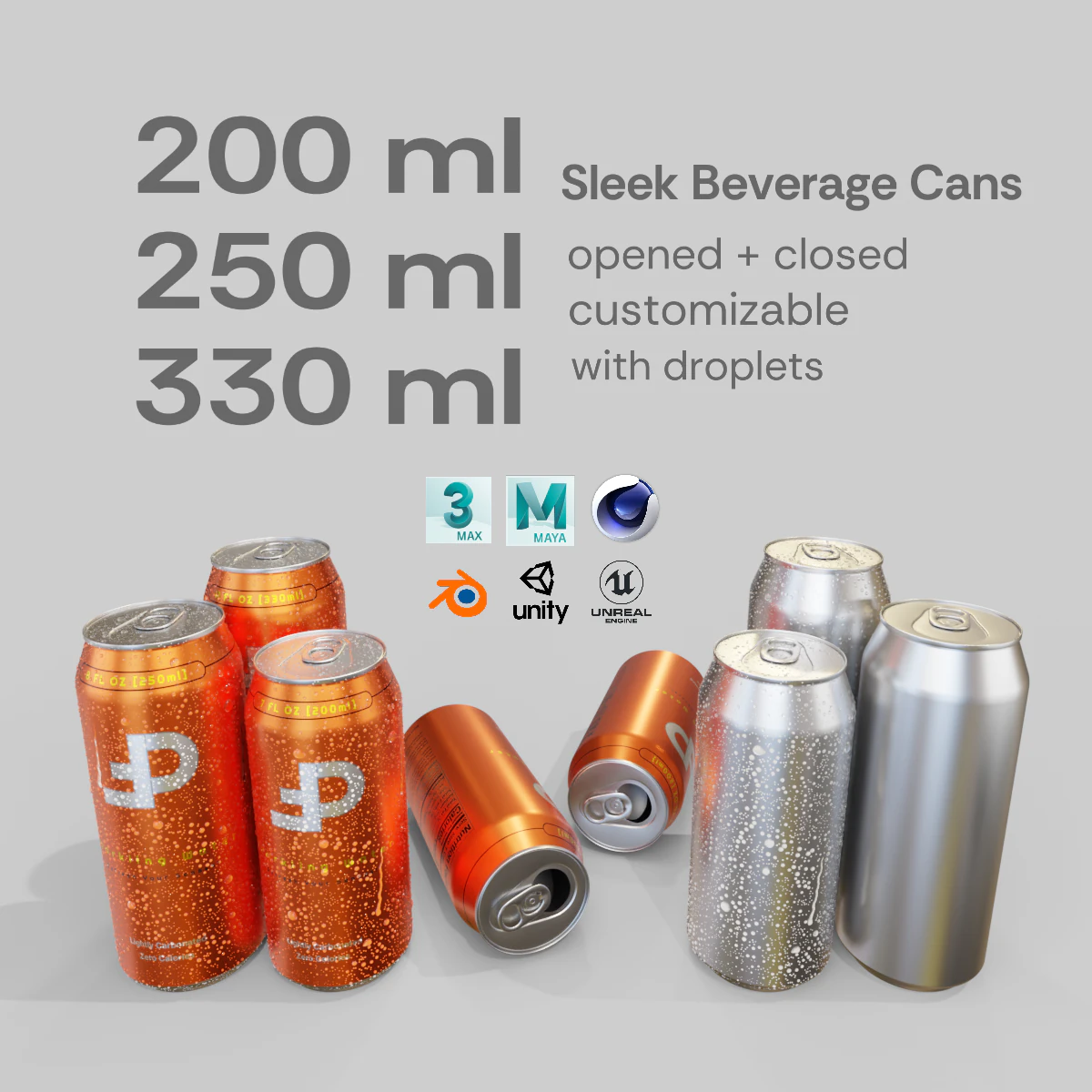 Sleek Beverage Cans Set Open and Closed Tabs with Droplets 3D Model .c4d .max .obj .3ds .fbx .stl .blend 