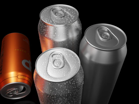 Sleek Beverage Cans Set Open and Closed Tabs with Droplets 3D Model