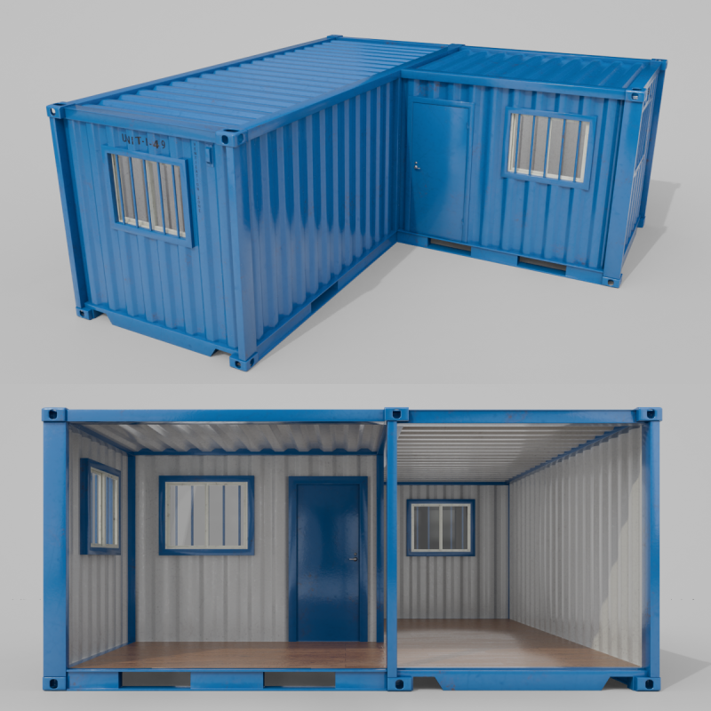 L-Shaped 20ft Shipping Container Room - Modular Corner Unit 3D Model .c4d .max .obj .3ds .fbx .stl .blend
