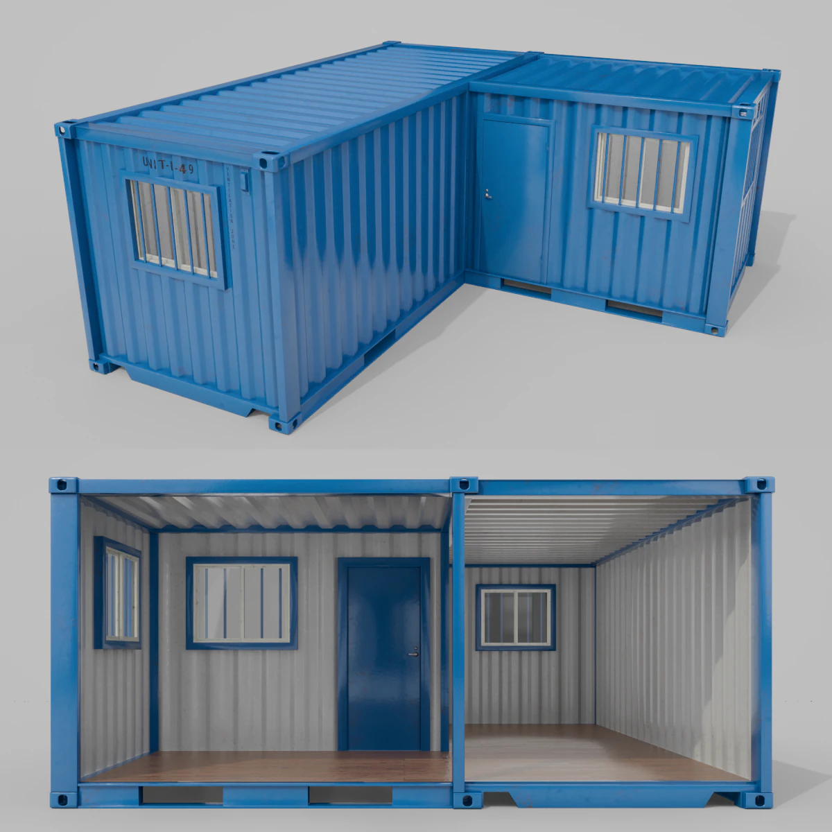 L-Shaped 20ft Shipping Container Room - Modular Corner Unit 3D Model .c4d .max .obj .3ds .fbx .stl .blend