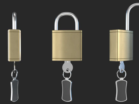 Brass Padlock with Key Keychain 3D Model