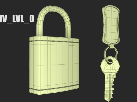 Brass Padlock with Key Keychain 3D Model