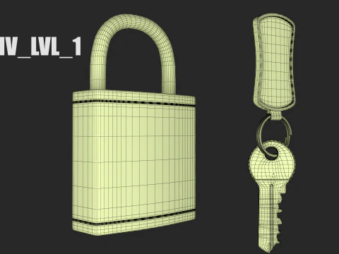 Brass Padlock with Key Keychain 3D Model
