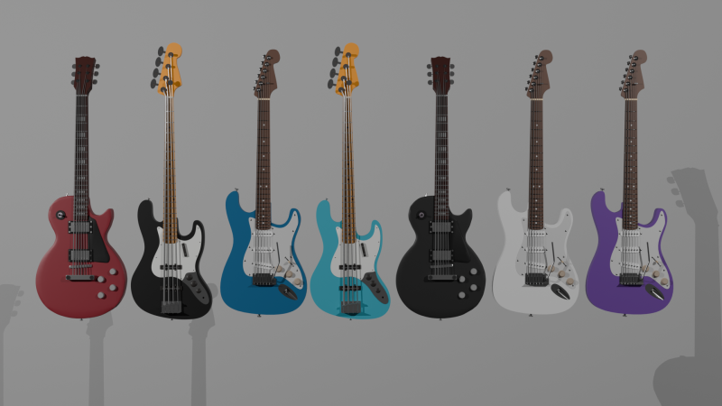 Electric guitars - les paul - stratocaster - jazzbass 3D Model .c4d .max .obj .3ds .fbx .stl .blend 