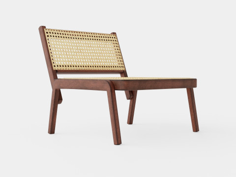 Low lounge chair in meranti wood with seat and backrest in rattan 3D Model
