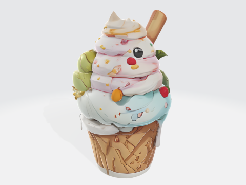Kawaii Cartoon Ice Cream Character - Cute Dessert Mascot 3D Модель