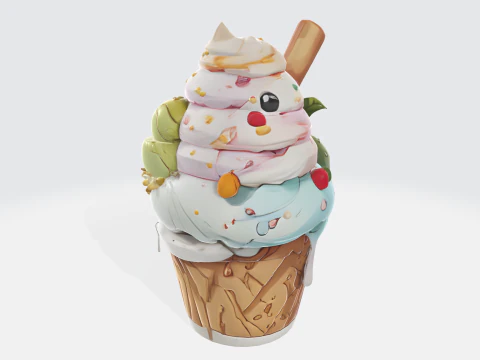 Kawaii Cartoon Ice Cream Character - Cute Dessert Mascot 3D Model