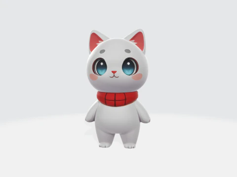 귀여운 흰 고양이 캐릭터 - 귀여운 애니메이션 스타일 3D 모델