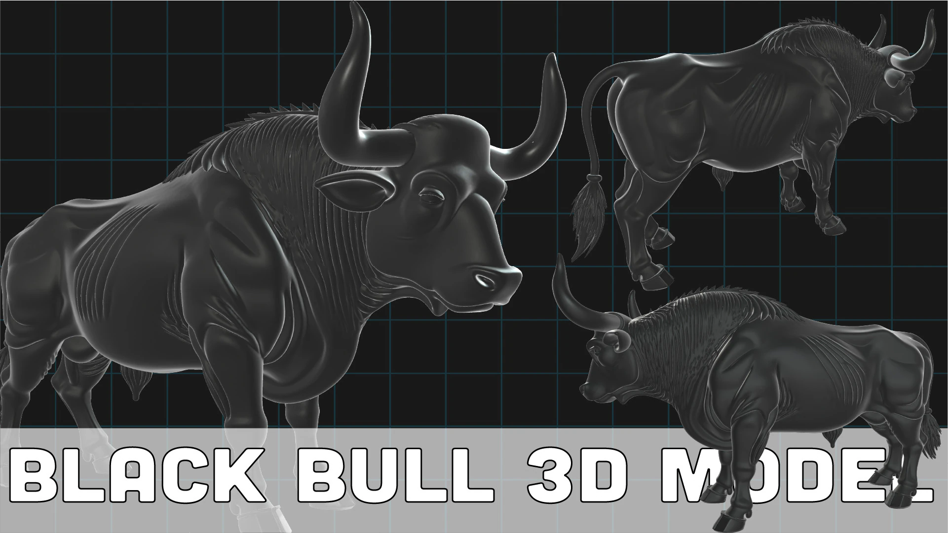 Black Bull Realistic Animal Sculpture 3D Model .c4d .max .obj .3ds .fbx .stl .blend