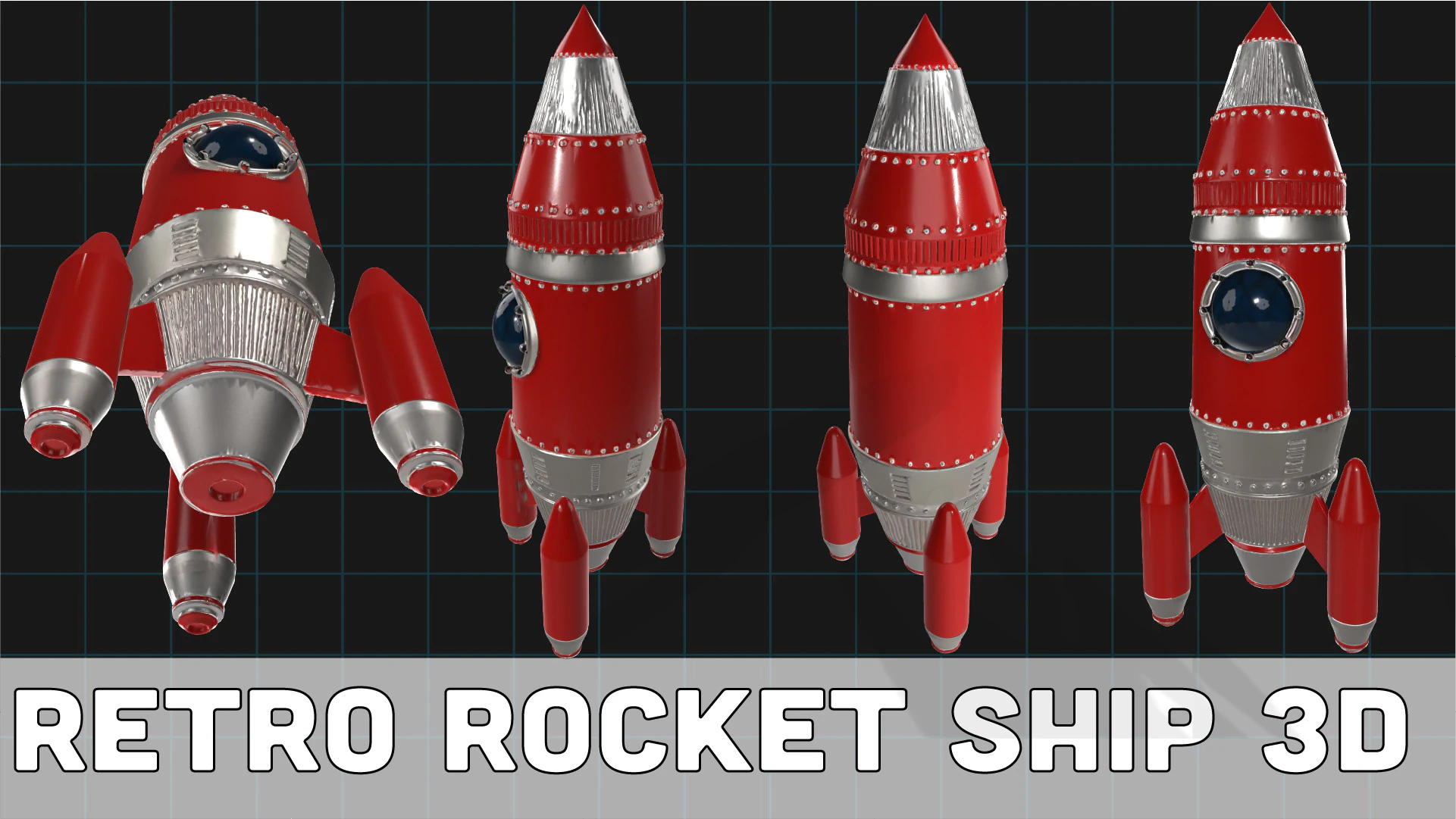Retro Rocket Ship Stylized Sci-Fi Spacecraft 3D Model .c4d .max .obj .3ds .fbx .stl .blend