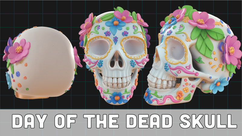 Day of the Dead Skull Colorful Sugar Skull with Floral Decorations Dia de los Muertos D Model 3D .c4d .max .obj .3ds .fbx .stl .blend