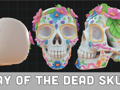 Day of the Dead Skull Colorful Sugar Skull with Floral Decorations Dia de los Muertos D 3D Модель