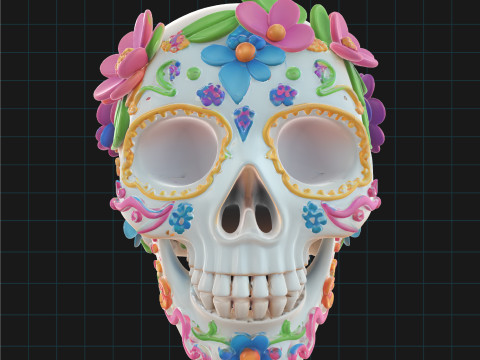 Day of the Dead Skull Colorful Sugar Skull with Floral Decorations Dia de los Muertos D Model 3D
