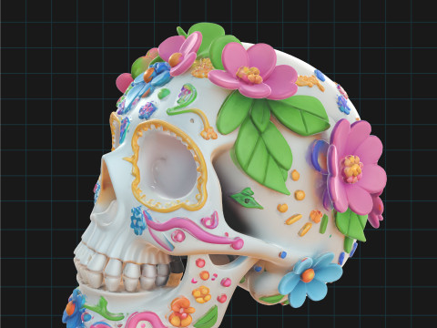 Day of the Dead Skull Colorful Sugar Skull with Floral Decorations Dia de los Muertos D Model 3D