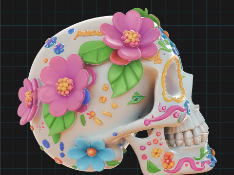 Day of the Dead Skull Colorful Sugar Skull with Floral Decorations Dia de los Muertos D Model 3D