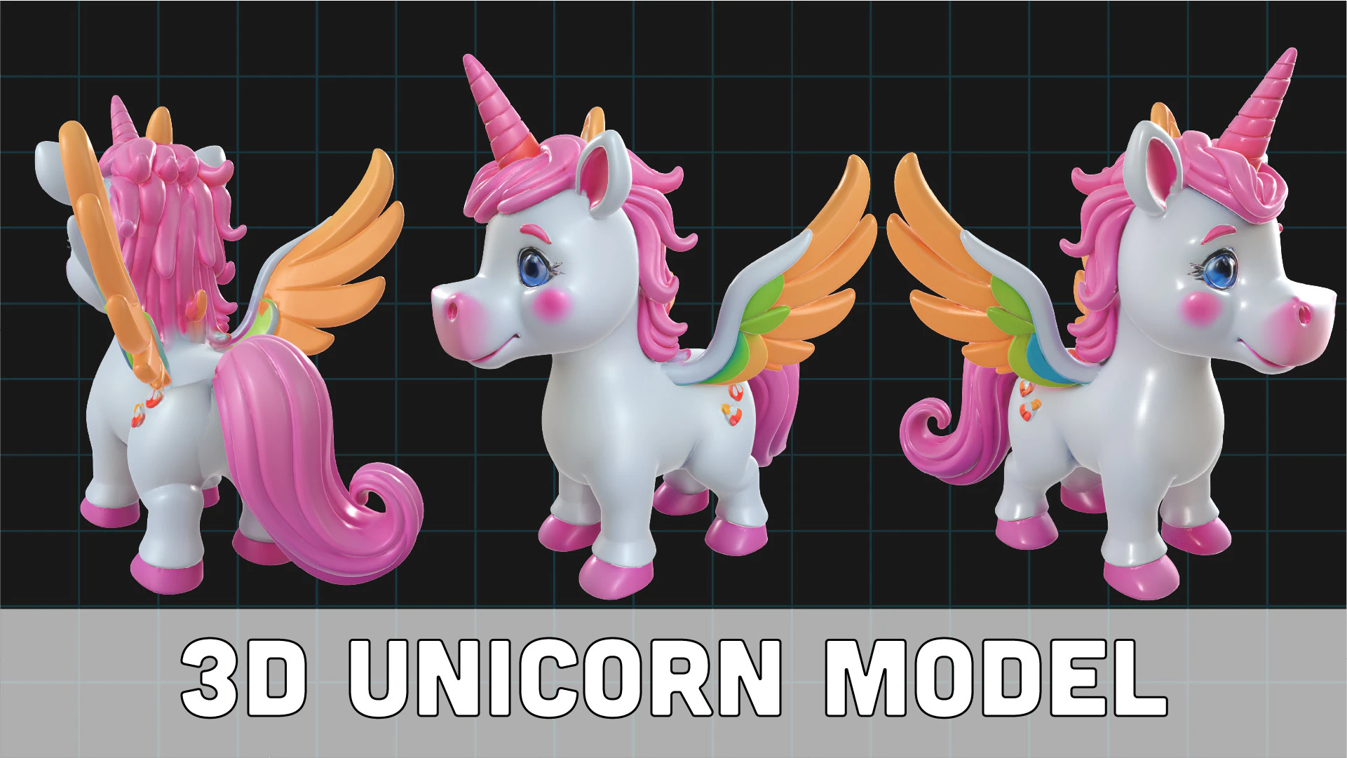 3D Unicorn Model Colorful Fantasy Pegasus Unicorn with Wings and Horn 3D Model .c4d .max .obj .3ds .fbx .stl .blend 