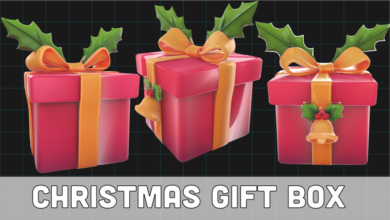 Christmas Gift Box Holiday Present with Holly Bell Ribbon 3D Model .c4d .max .obj .3ds .fbx .stl .blend