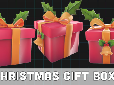 Christmas Gift Box Holiday Present with Holly Bell Ribbon 3D Model