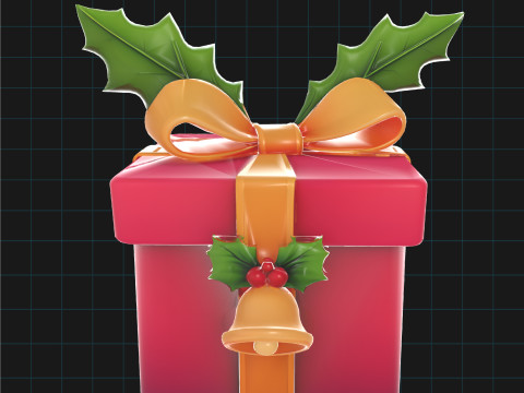 Christmas Gift Box Holiday Present with Holly Bell Ribbon 3D Model