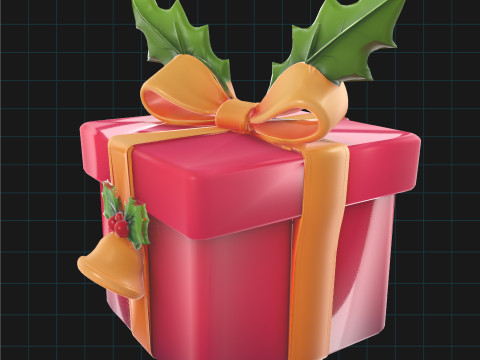 Christmas Gift Box Holiday Present with Holly Bell Ribbon 3D Model