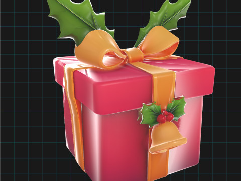 Christmas Gift Box Holiday Present with Holly Bell Ribbon 3D Model