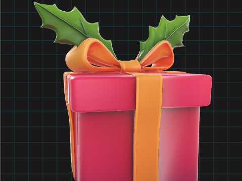 Christmas Gift Box Holiday Present with Holly Bell Ribbon 3D Model
