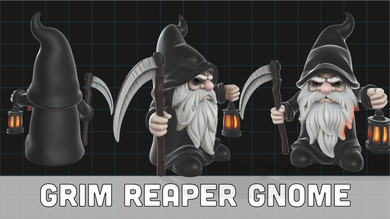 Grim Reaper Gnome Stylized Halloween Character with Scythe and Lantern 3D Model .c4d .max .obj .3ds .fbx .stl .blend