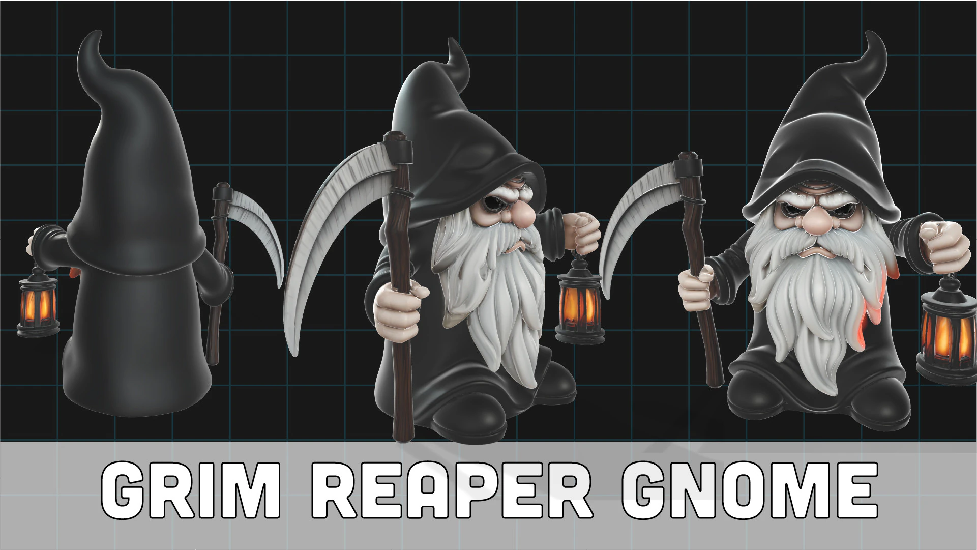 Grim Reaper Gnome Stylized Halloween Character with Scythe and Lantern 3D Model .c4d .max .obj .3ds .fbx .stl .blend 