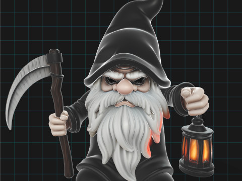 Grim Reaper Gnome Stylized Halloween Character with Scythe and Lantern 3D Model