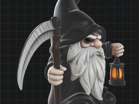 Grim Reaper Gnome Stylized Halloween Character with Scythe and Lantern 3D Model