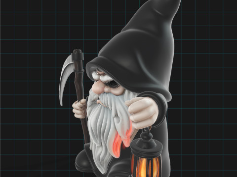 Grim Reaper Gnome Stylized Halloween Character with Scythe and Lantern 3D Model