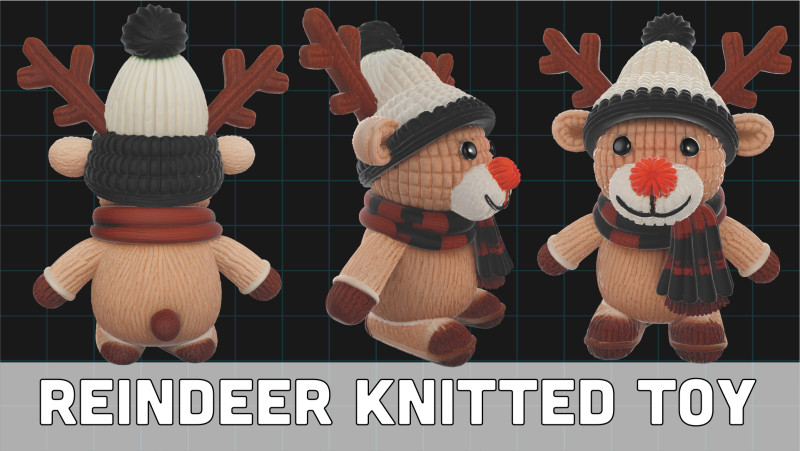3D Reindeer knitted Toy Winter Cute Cartoon Animal Character 3D Model .c4d .max .obj .3ds .fbx .stl .blend 