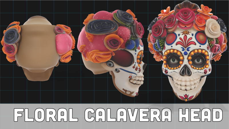 Day of the Dead Sugar Skull Floral Calavera Head with Marigolds Roses 3D Model .c4d .max .obj .3ds .fbx .stl .blend