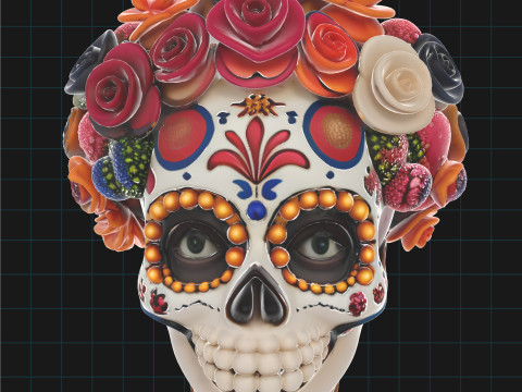 Day of the Dead Sugar Skull Floral Calavera Head with Marigolds Roses 3D Model