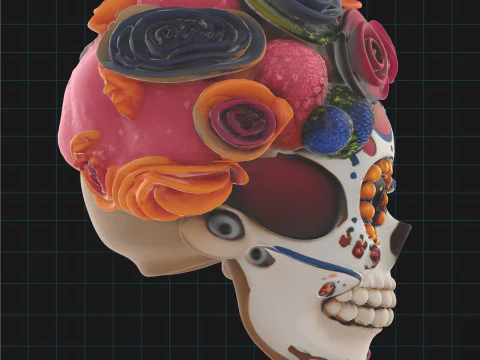 T&ecirc;te de Calavera florale de cr&acirc;ne de sucre du jour des morts avec des roses de soucis Modèle 3D