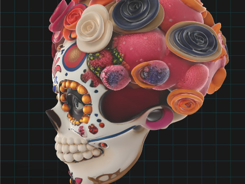 Day of the Dead Sugar Skull Floral Calavera Head with Marigolds Roses 3D Model