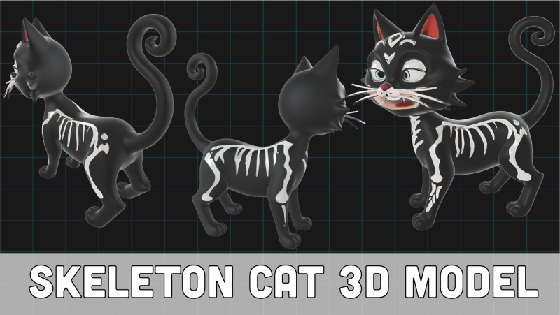 Skeleton Cat Halloween Black Cat Stylized Cartoon Cat Character Modèle 3D .c4d .max .obj .3ds .fbx .stl .blend 