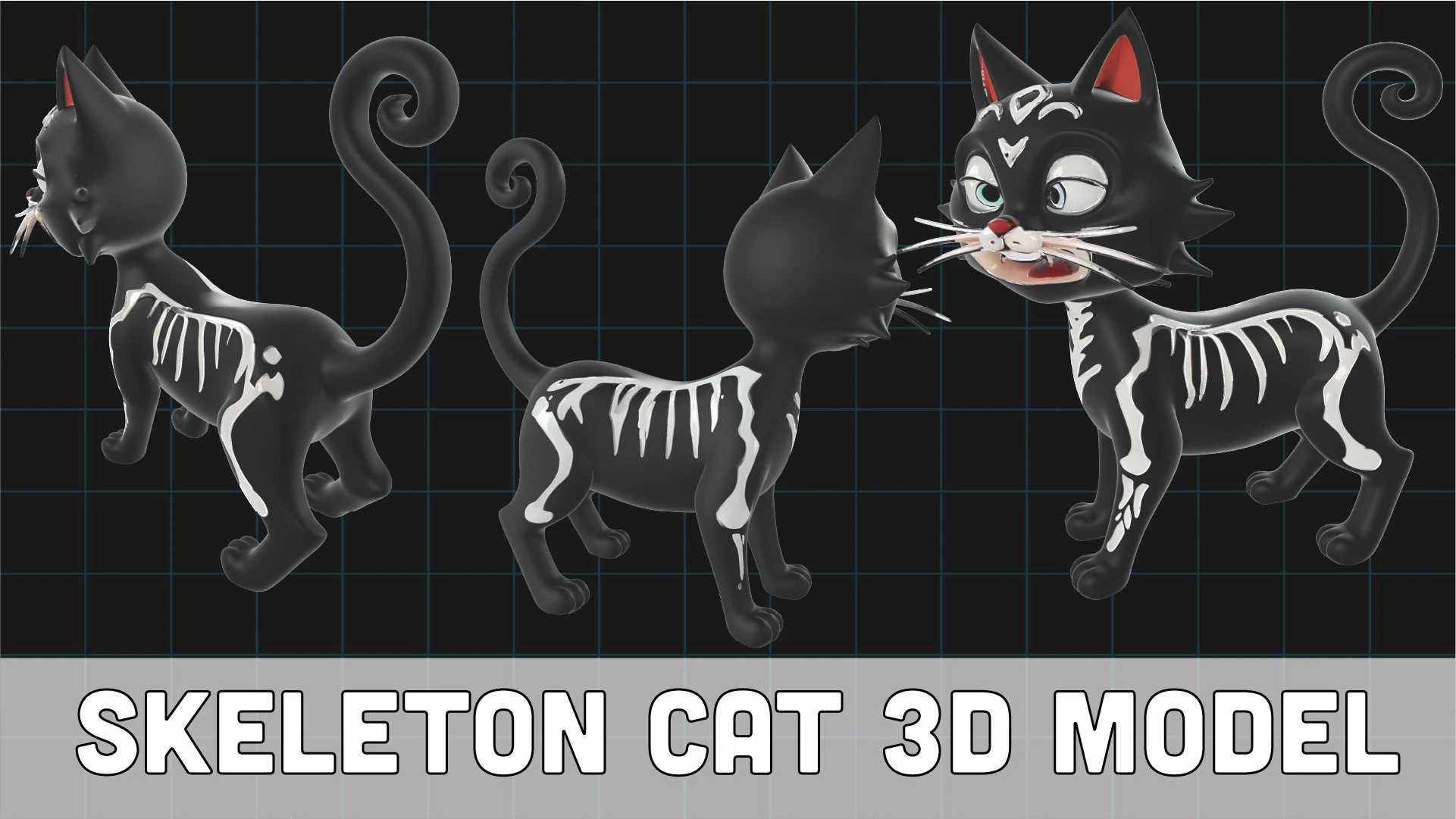 Skeleton Cat Halloween Black Cat Stylized Cartoon Cat Character 3D Model .c4d .max .obj .3ds .fbx .stl .blend 