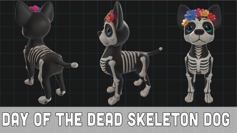 Day of the Dead Skeleton Dog Cute Halloween Dog Character with Flowers Model 3D .c4d .max .obj .3ds .fbx .stl .blend