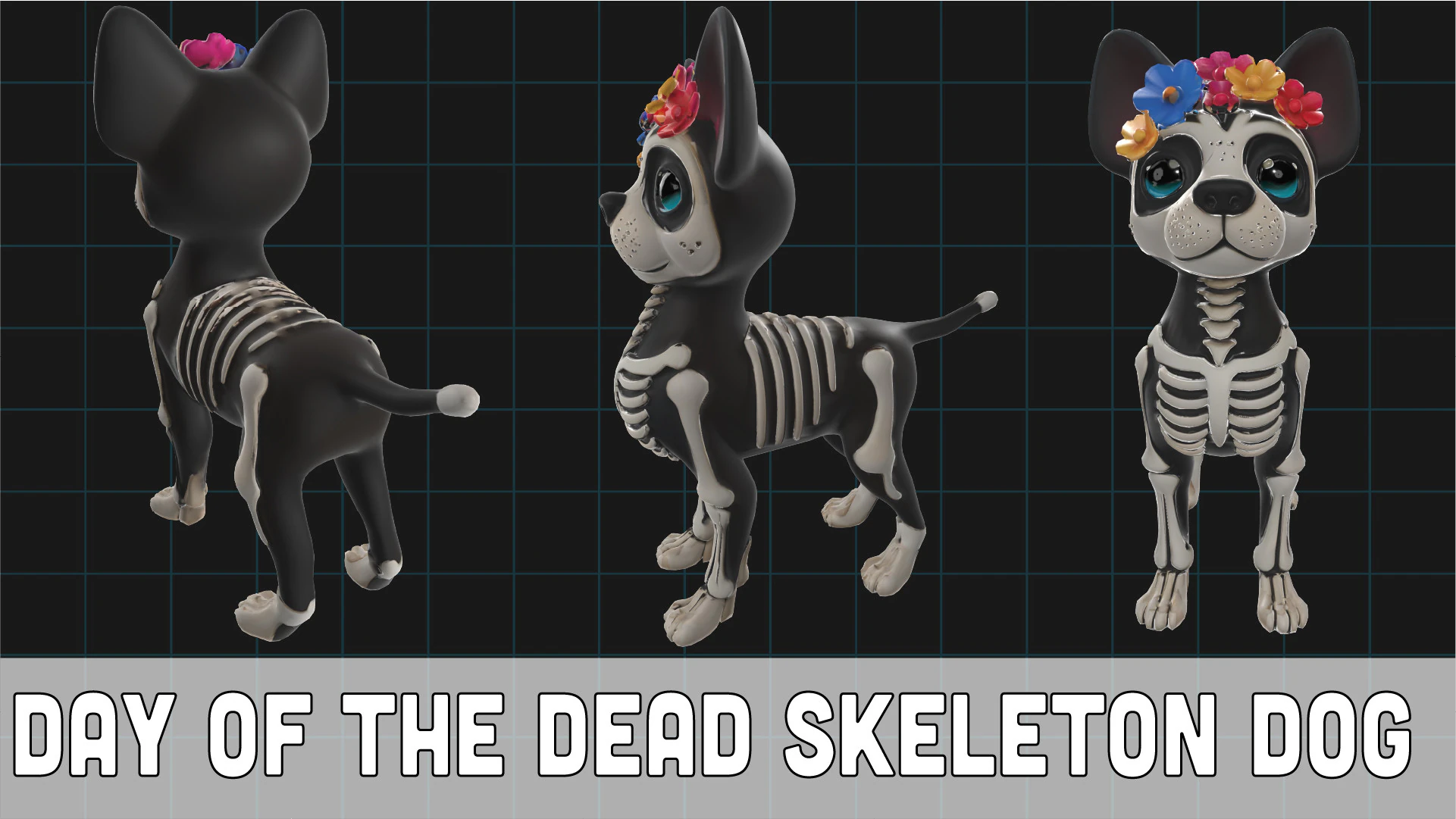 Day of the Dead Skeleton Dog Cute Halloween Dog Character with Flowers 3D Model .c4d .max .obj .3ds .fbx .stl .blend